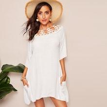 Romwe Crochet Yoke Pocket Front Hanky Hem Cover Up