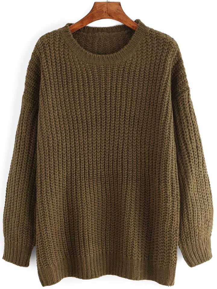 Romwe Crew Neck Rib Loose Army Green Sweater