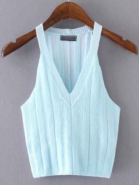 Romwe Blue V Neck Knit Tank Top