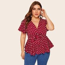 Romwe Plus Knot Front Polka Dot Blouse