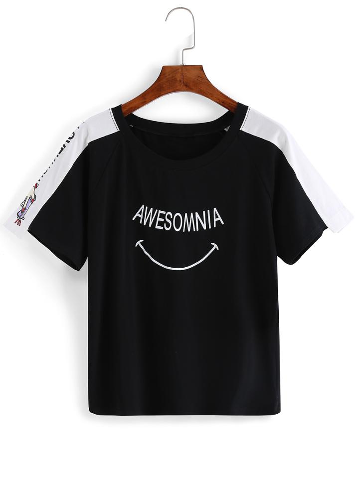 Romwe Contrast Raglan Sleeve Letters Print Black T-shirt