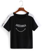 Romwe Contrast Raglan Sleeve Letters Print Black T-shirt