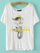Romwe Mermaid Flocked Loose White T-shirt