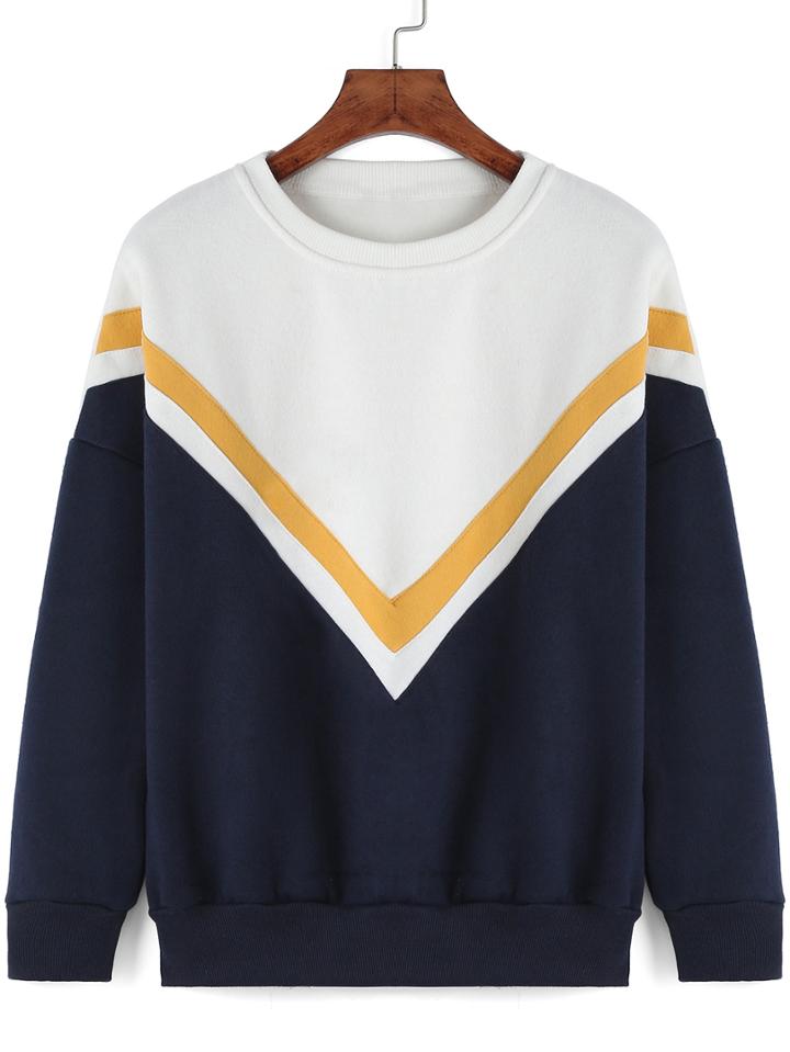 Romwe Colour-block Round Neck V Print Sweatshirt