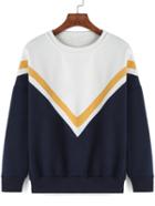 Romwe Colour-block Round Neck V Print Sweatshirt