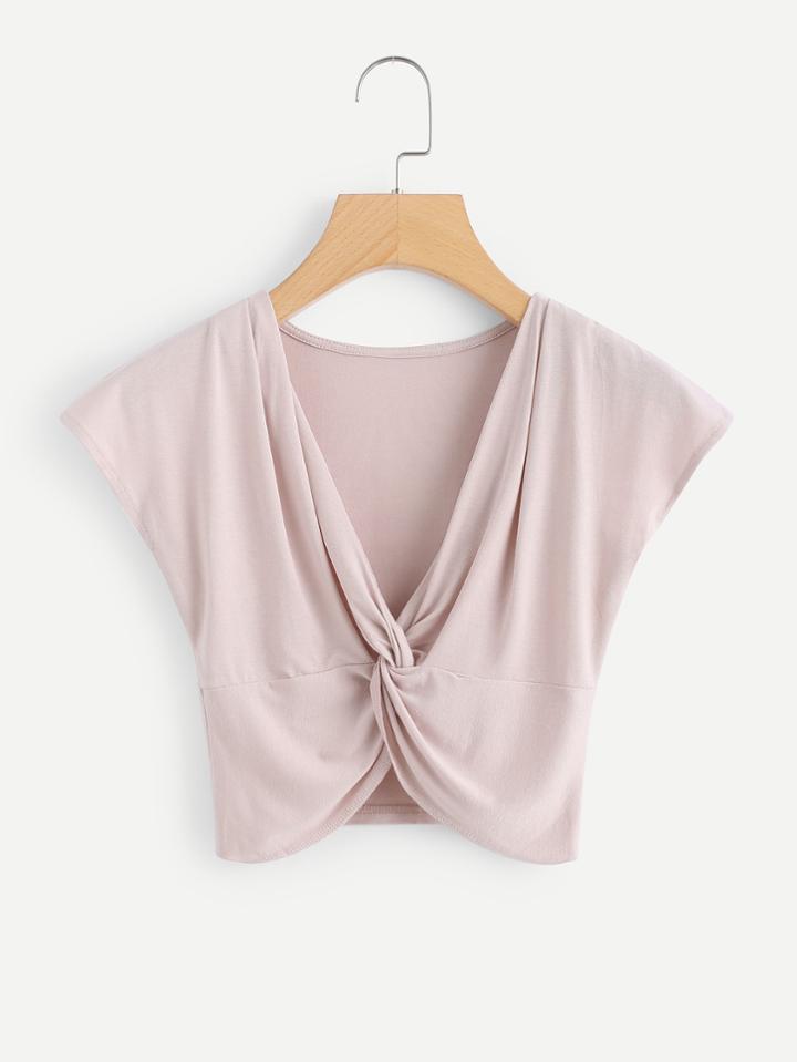 Romwe Deep V Neckline Twist Front Tee