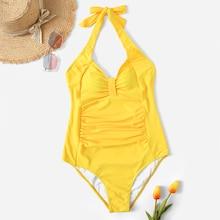 Romwe Ruched Low Back Halter One Piece Swimsuit