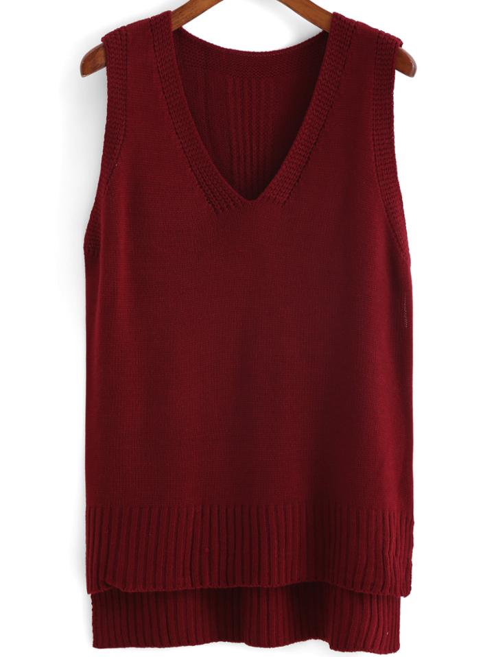 Romwe V Neck Knit Dip Hem Red Tank Top