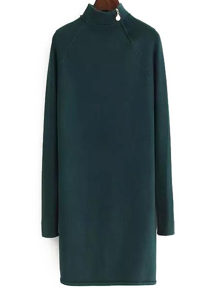 Romwe Turtleneck Dark Green Sweater Dress With Zipper
