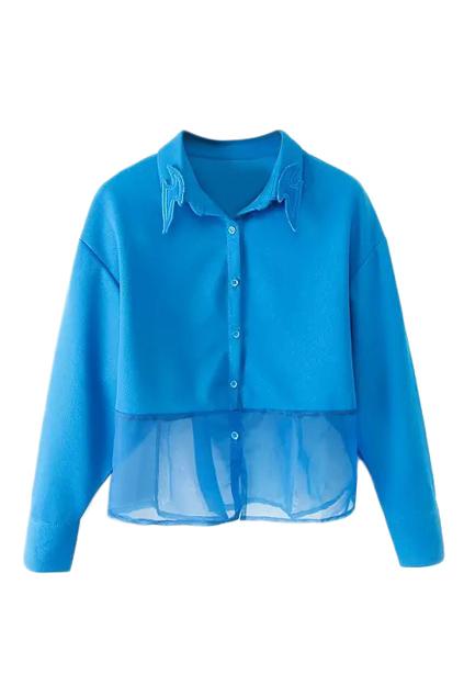 Romwe Mesh Panel Sheer Blue Shirt