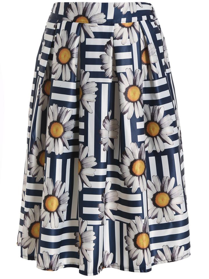 Romwe Sunflower Print Pleated Skirt