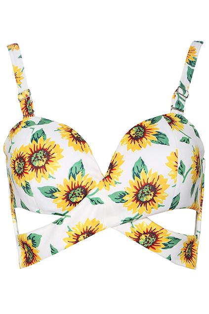 Romwe Sunflower Print Cut-out White Bandeau