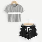 Romwe Striped Print Crop Tee With Shorts