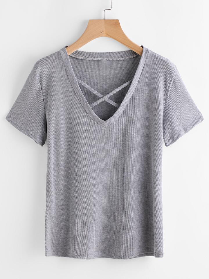 Romwe V Neckline Criss Cross Front Knitted Tee