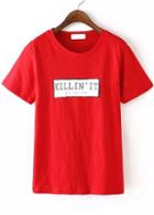 Romwe Letter Print Loose Red T-shirt
