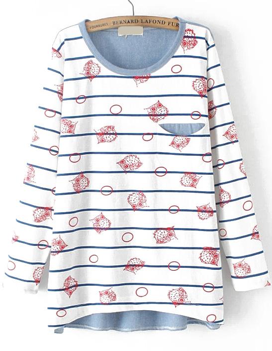 Romwe Blue Striped Owl Print Loose T-shirt