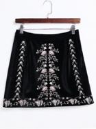 Romwe Black Flower Embroidery A Line Velvet Skirt