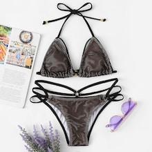 Romwe Fishnet Overlay Strappy Self Tie Bikini Set