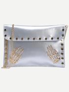 Romwe Silver Metal Skeleton Hand Accent Studded Clutch Bag
