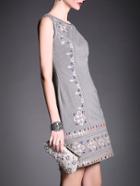 Romwe Grey Round Neck Sleeveless Embroidered Dress
