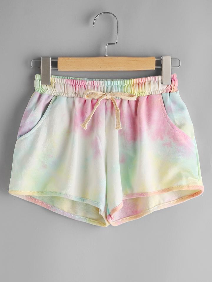 Romwe Water Color Elastic Drawstring Waist Shorts