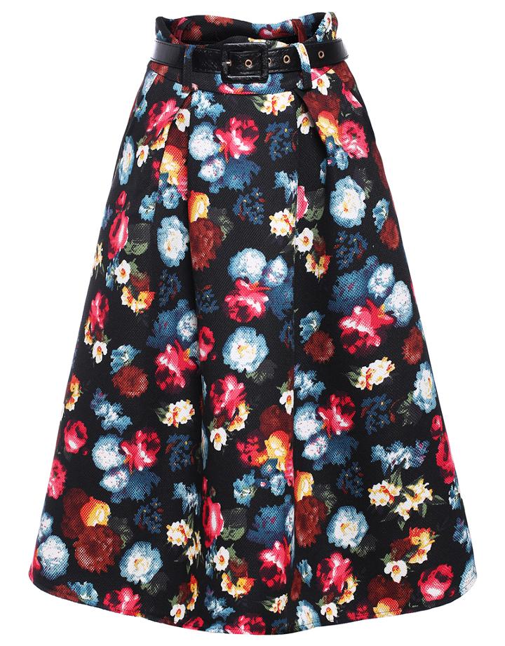 Romwe Floral Print Belt Skirt