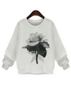Romwe Flower Print Loose White Sweatshirt