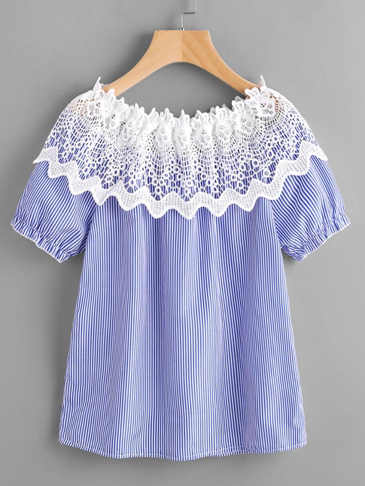 Romwe Contrast Crochet Lace Vertical Striped Blouse