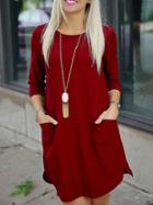 Romwe Red Twin Pocket Half Sleeve Dress