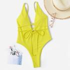 Romwe Neon Yellow Low Back Deep Plunge One Piece Swimwear