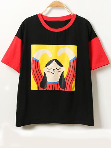 Romwe Color-block Cartoon Print T-shirt