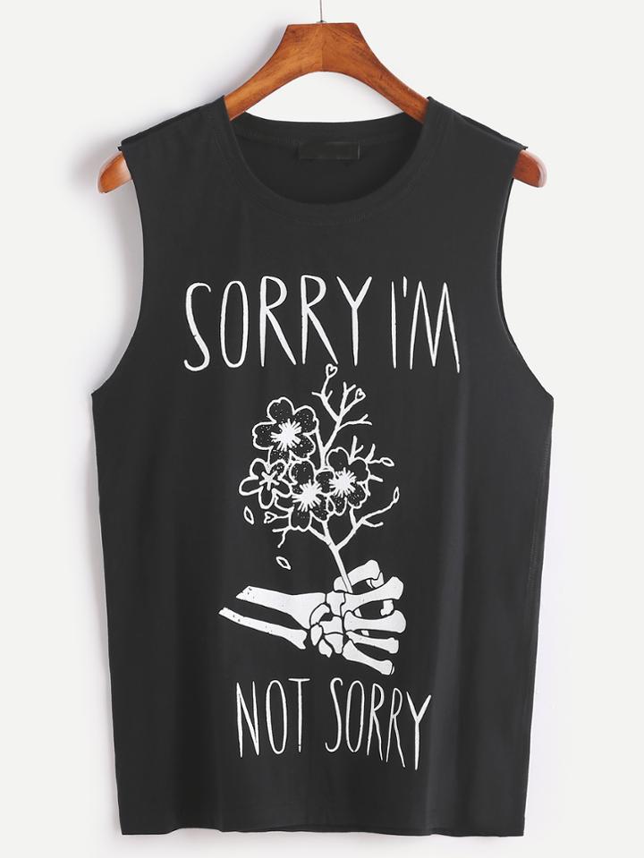 Romwe Black Printed Casual Tank Top