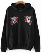 Romwe Black Animal Embroidery Hooded Loose Sweatshirt