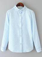 Romwe Stand Collar Plaid Bead Pale Blue Blouse
