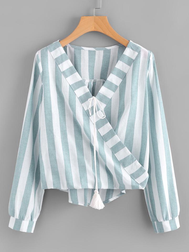 Romwe Contrast Stripe Tassel Tie Surplice Blouse