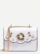 Romwe White Flower And Pearl Studded Box Bag With Chain