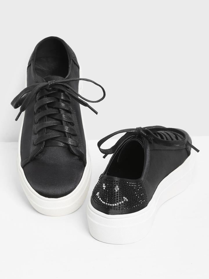 Romwe Rhinestone Detail Lace Up Pu Sneakers