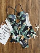 Romwe Tropical Print Ruffle Detail Cross Back Swimwear