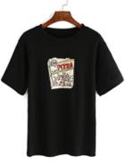 Romwe Pizza Print Black T-shirt