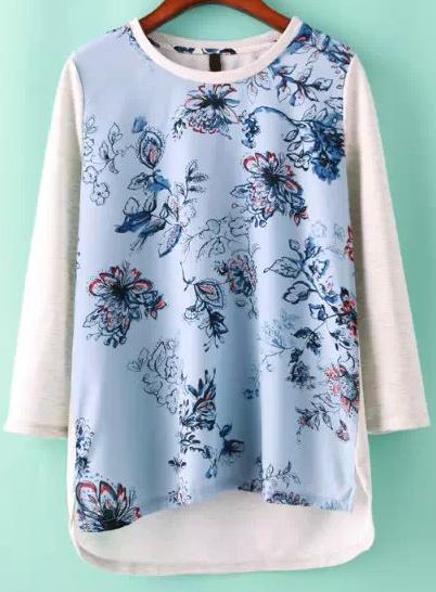 Romwe Dip Hem Floral Loose Blouse