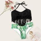 Romwe Fringe Halter Top With Random Leaf Print Bikini Set