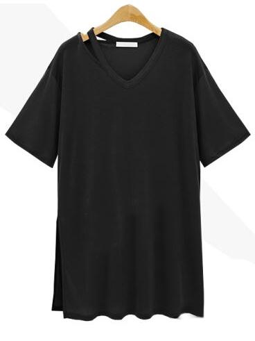 Romwe Black Cutout V Neck Slit Tee Dress