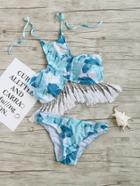 Romwe Tropical Print Tassel Hem Halter Bikini Set