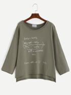Romwe Army Green Letter Print Drop Shoulder High Low T-shirt