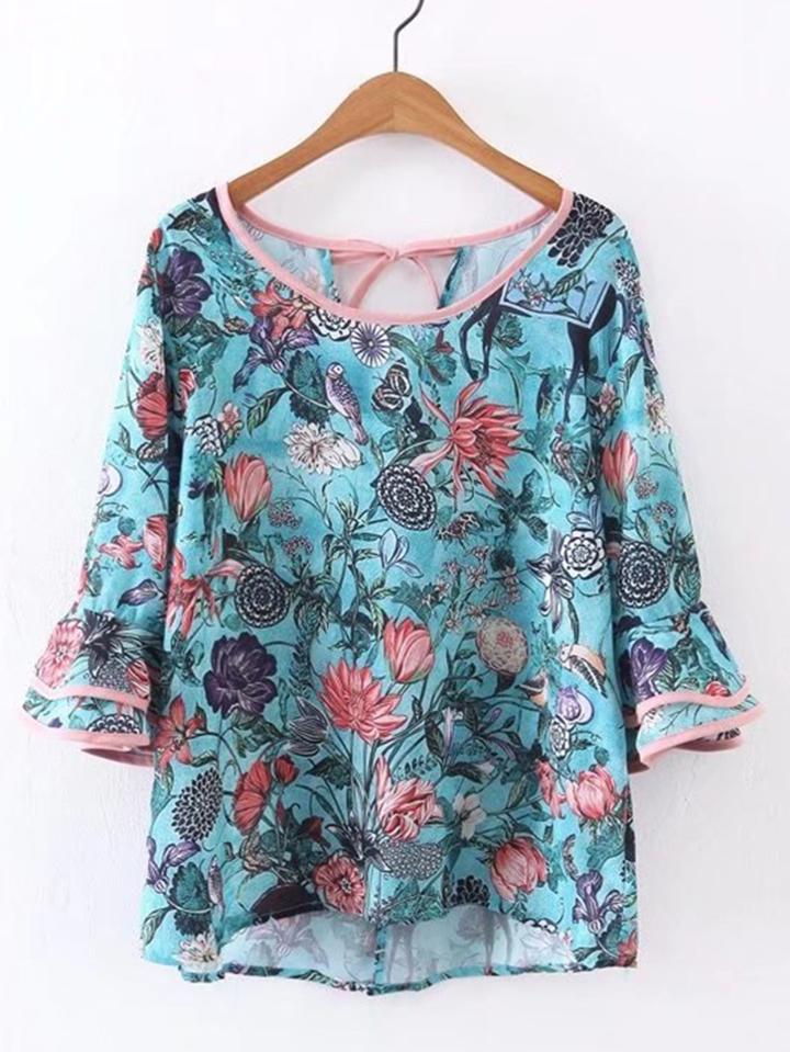 Romwe Bell Ruffle Sleeve High Low Chiffon Top