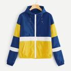 Romwe Cut And Sew Panel Drawstring Hooded Jacket