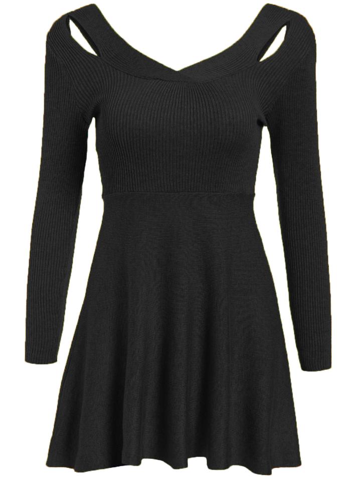 Romwe V Neck Hollow A-line Black Dress
