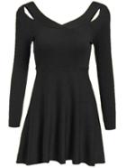 Romwe V Neck Hollow A-line Black Dress