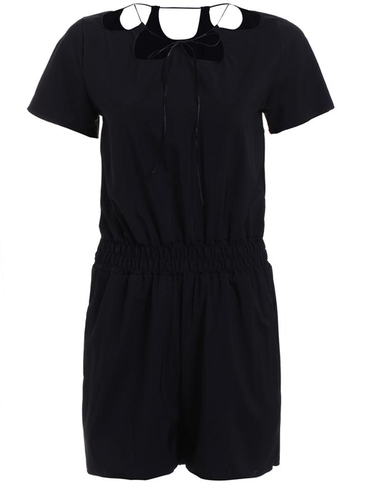 Romwe Short Sleeve Hollow Black Romper