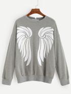 Romwe Grey Drop Shoulder Wings Print Sweatshirt